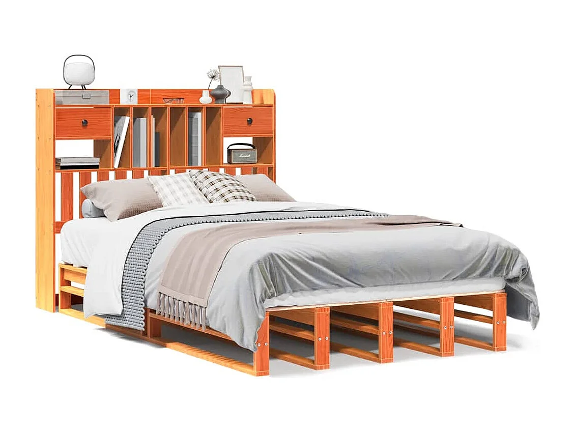 Bed met boekenkast zonder matras grenenhout wasbruin 135x190 cm