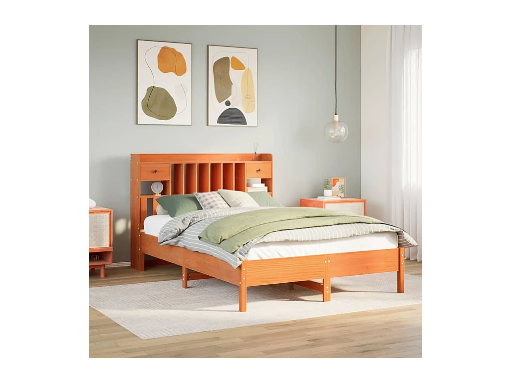 Bed met boekenkast zonder matras grenenhout wasbruin 160x200 cm