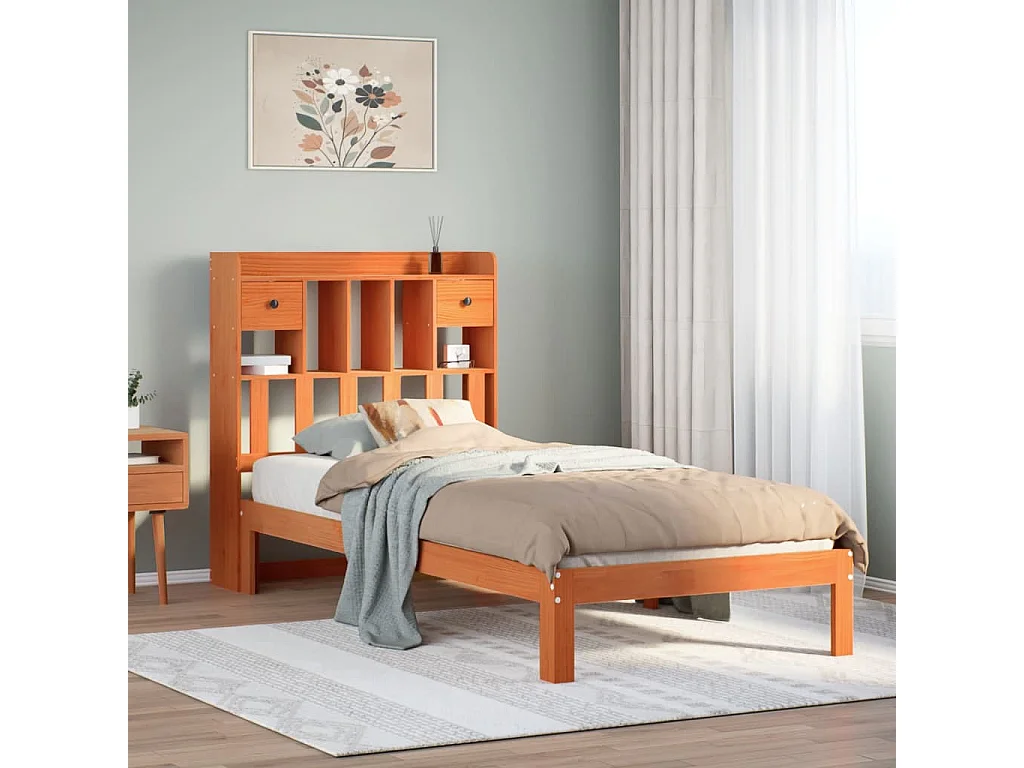 Bed met boekenkastukkenzonder matras grenenhout wasbruin 90x200 cm