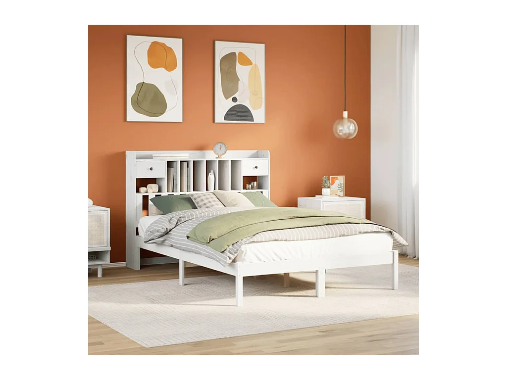 Cama con estantería sin colchón madera maciza blanca 140x200 cm