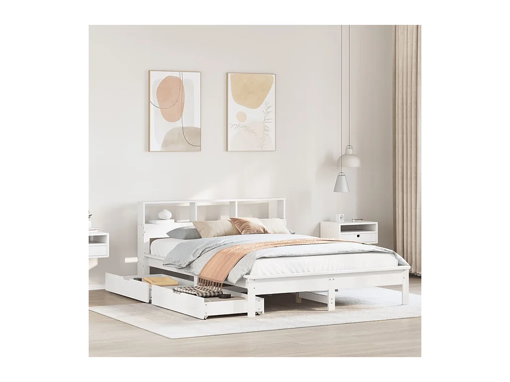 Bed met boekenkast zonder matras grenenhout wit 150x200 cm