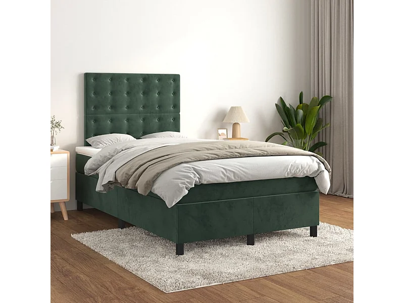 Cama boxspring com colchão 120x200 cm veludo verde-escuro
