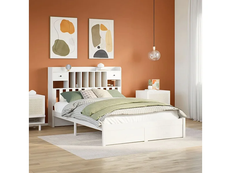 Cama com estante sem colchão 140x200 cm pinho maciço branco