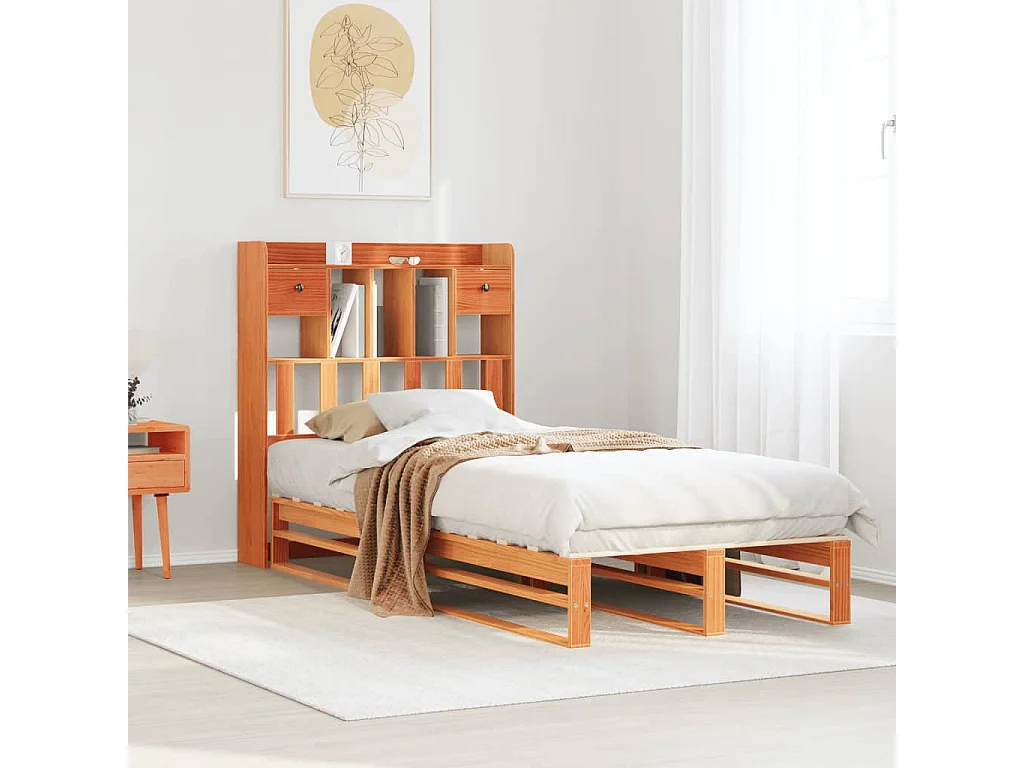 Cama con estantería sin colchón madera maciza marrón 100x200 cm
