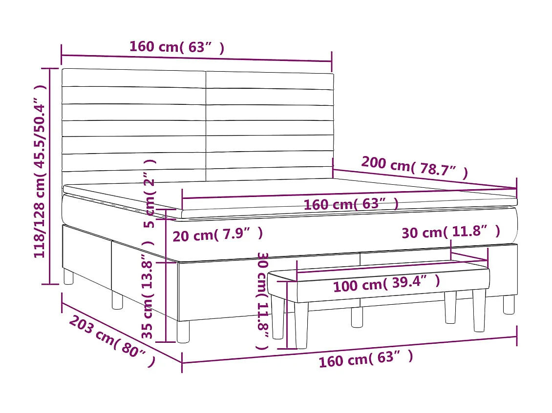 Cama box spring con colchón tela azul 160x200 cm
