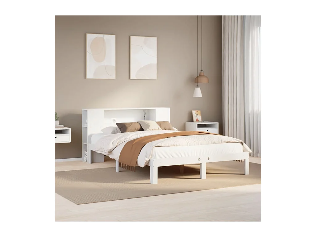 Cama con estantería sin colchón madera maciza blanca 140x190 cm