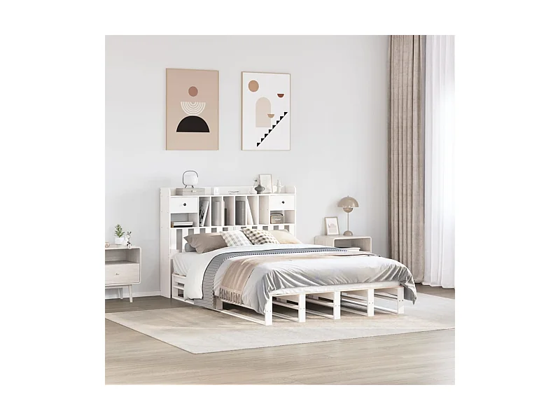 Cama con estantería sin colchón madera maciza blanca 150x200 cm
