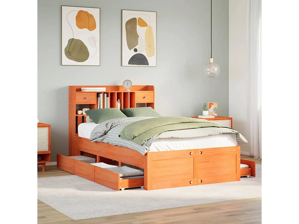 Bed met boekenkast zonder matras grenenhout wasbruin 135x190 cm