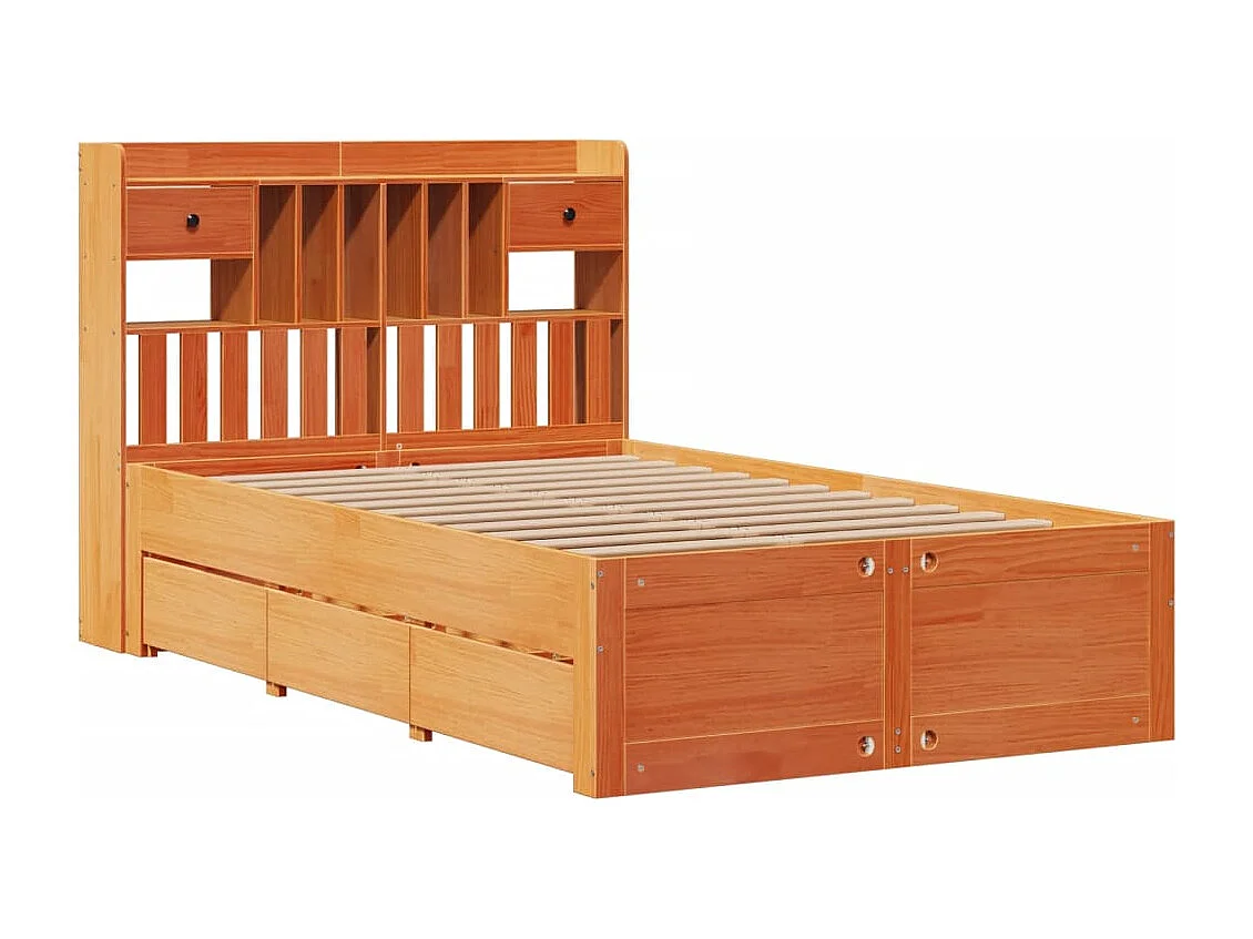 Bed met boekenkast zonder matras grenenhout wasbruin 135x190 cm