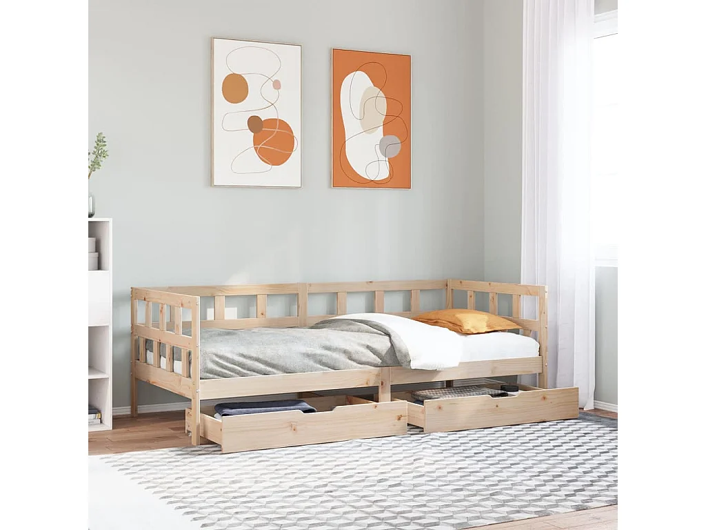 Sofá cama con cajones madera maciza de pino 90x200 cm