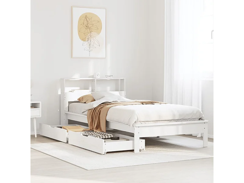 Cama con estantería sin colchón madera maciza blanca 75x190 cm