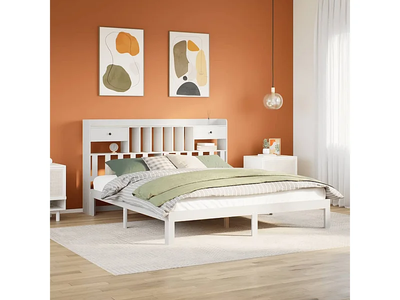 Cama con estantería sin colchón madera maciza blanca 180x200 cm