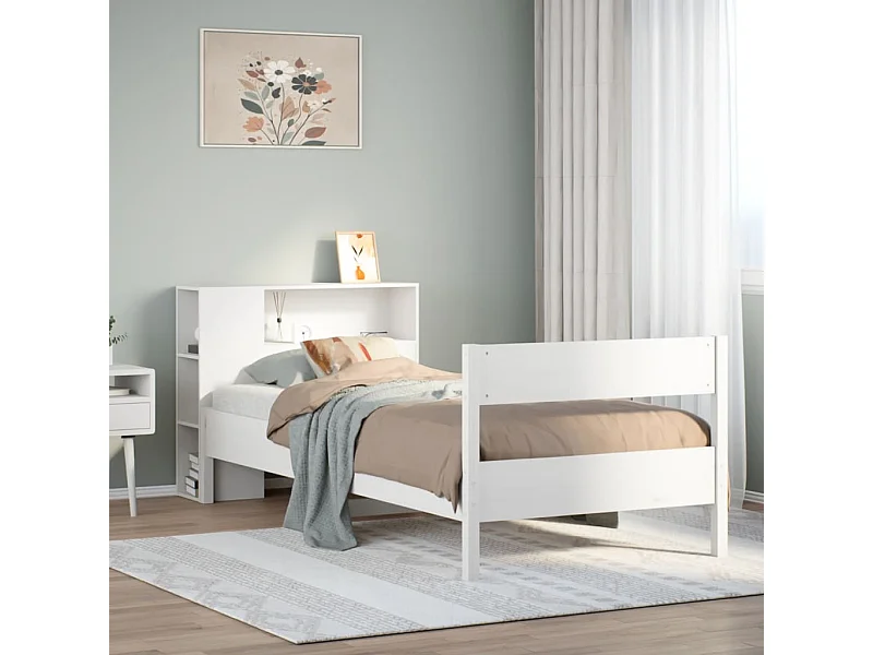 Cama con estantería sin colchón madera maciza blanca 75x190 cm