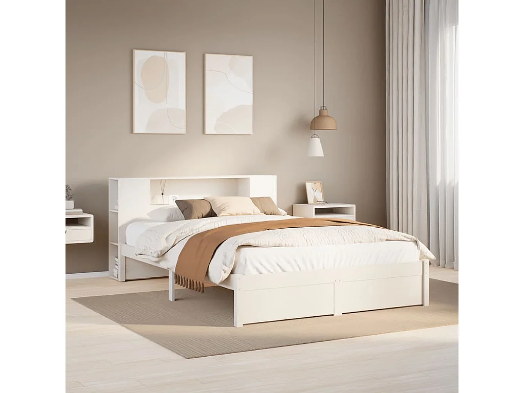 Cama com estante sem colchão 140x190 cm pinho maciço branco