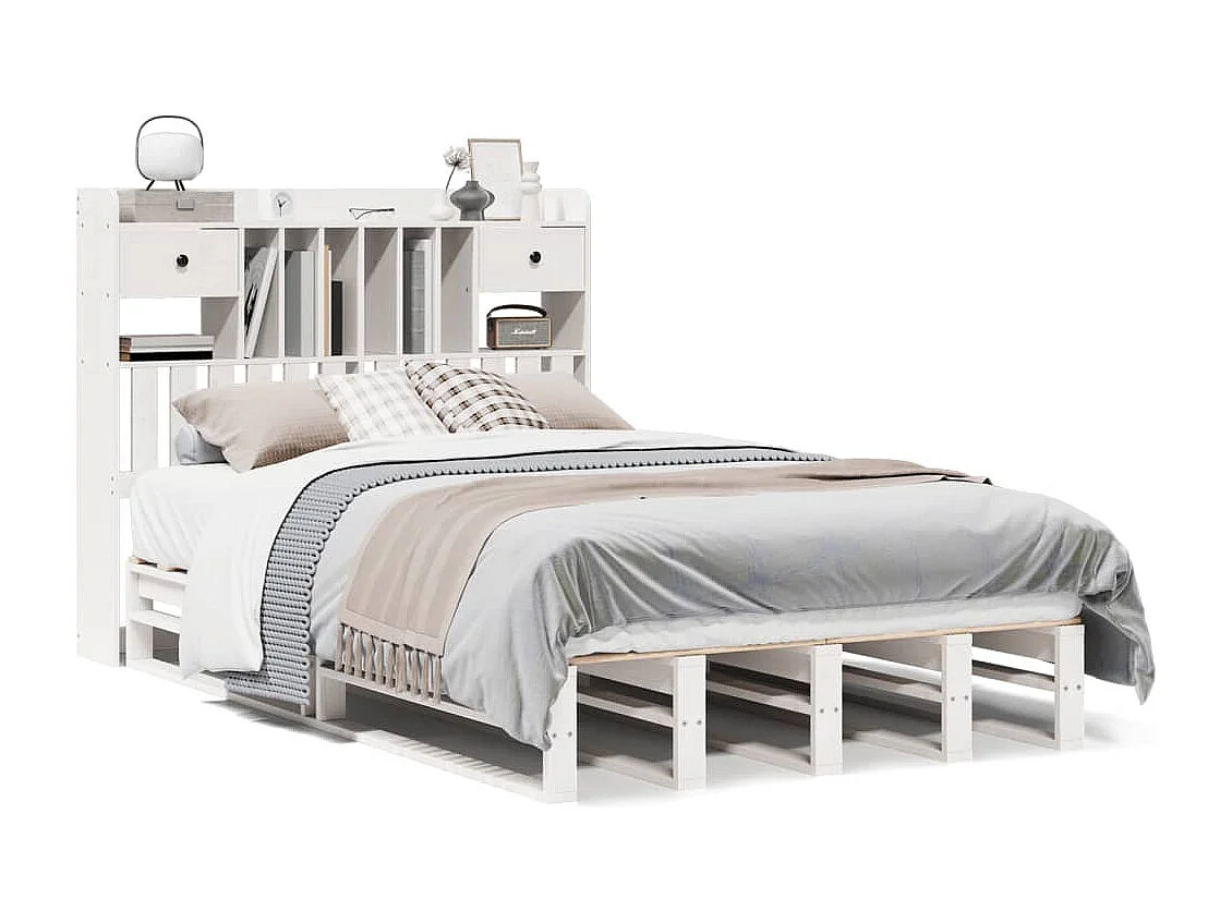 Cama con estantería sin colchón madera maciza blanca 135x190 cm