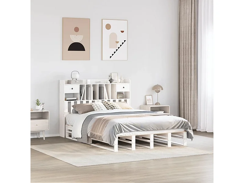 Cama con estantería sin colchón madera maciza blanca 140x190 cm