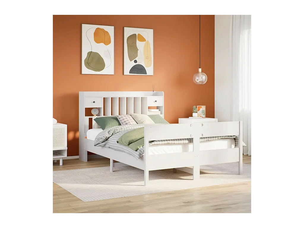 Cama con estantería sin colchón madera maciza blanca 140x200 cm