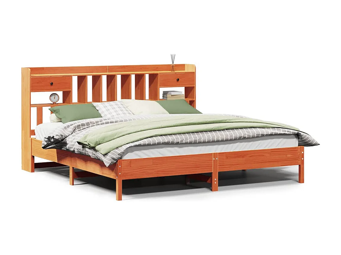 Bed met boekenkast zonder matras grenenhout wasbruin 180x200 cm