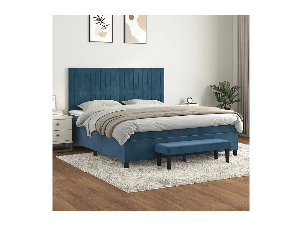 Cama box spring con colchón terciopelo azul oscuro 160x200 cm