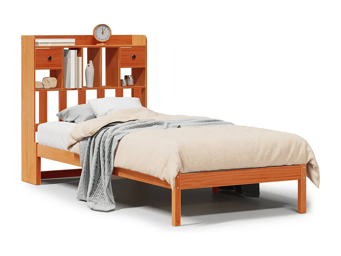 Cama com estante sem colchão 90x200cm pinho maciço castanho-mel
