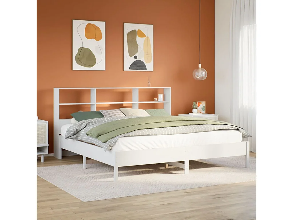 Cama con estantería sin colchón madera maciza blanca 180x200 cm