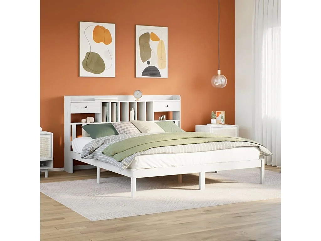 Cama con estantería sin colchón madera maciza blanca 180x200 cm