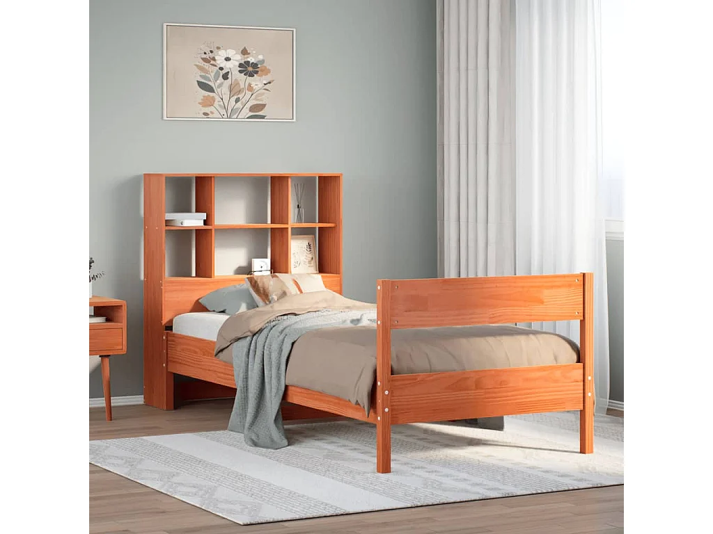 Cama com estante sem colchão 90x190cm pinho maciço castanho-mel