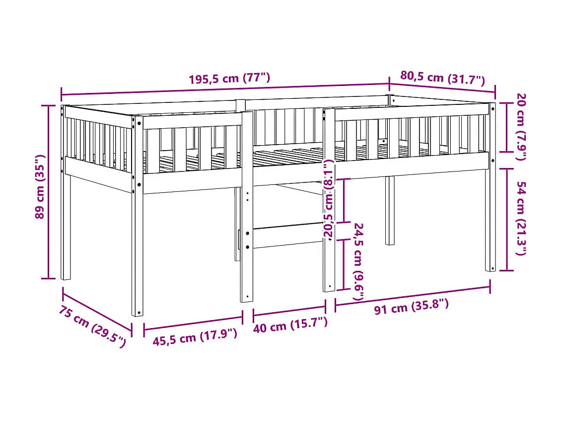 Cama para niños sin colchón madera maciza de pino 75x190 cm