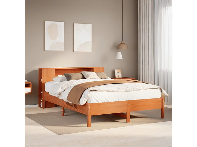 Cama con estantería sin colchón madera maciza marrón 140x190 cm