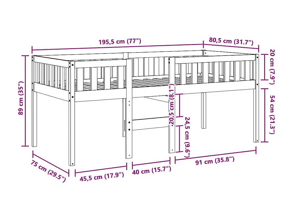 Cama de niños sin colchón madera maciza pino marrón 75x190 cm