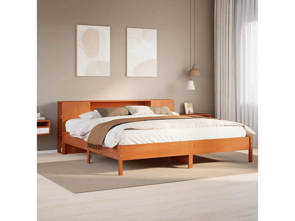 Cama con estantería sin colchón madera maciza marrón 200x200 cm