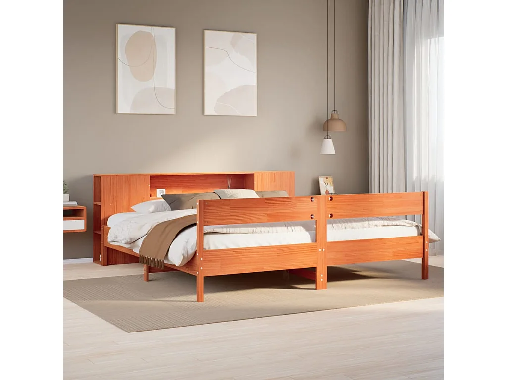 Cama con estantería sin colchón madera maciza marrón 200x200 cm