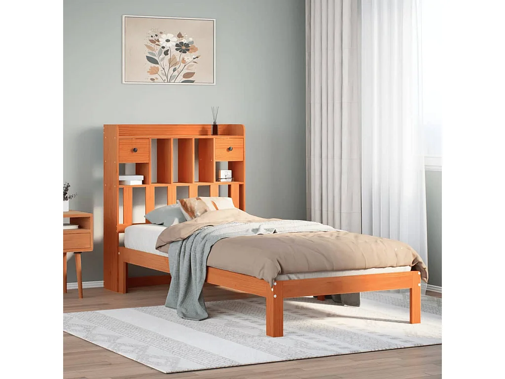 Cama com estante sem colchão 75x190cm pinho maciço castanho-mel