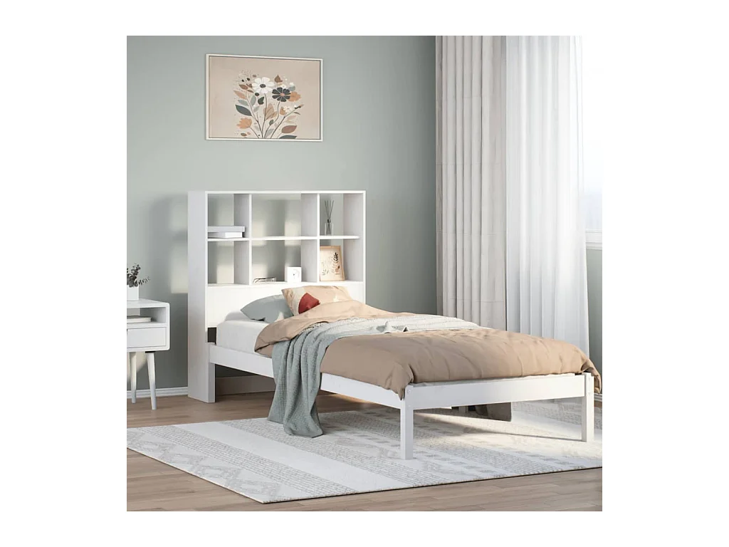 Lit bibliothèque sans matelas blanc 90x190cm bois de pin massif