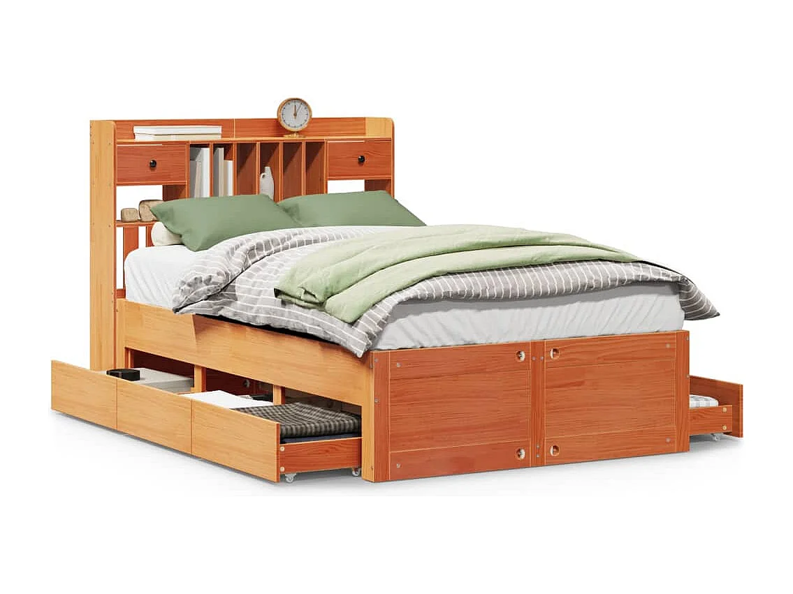 Lit bibliothèque sans matelas cire marron 120x190cm pin massif