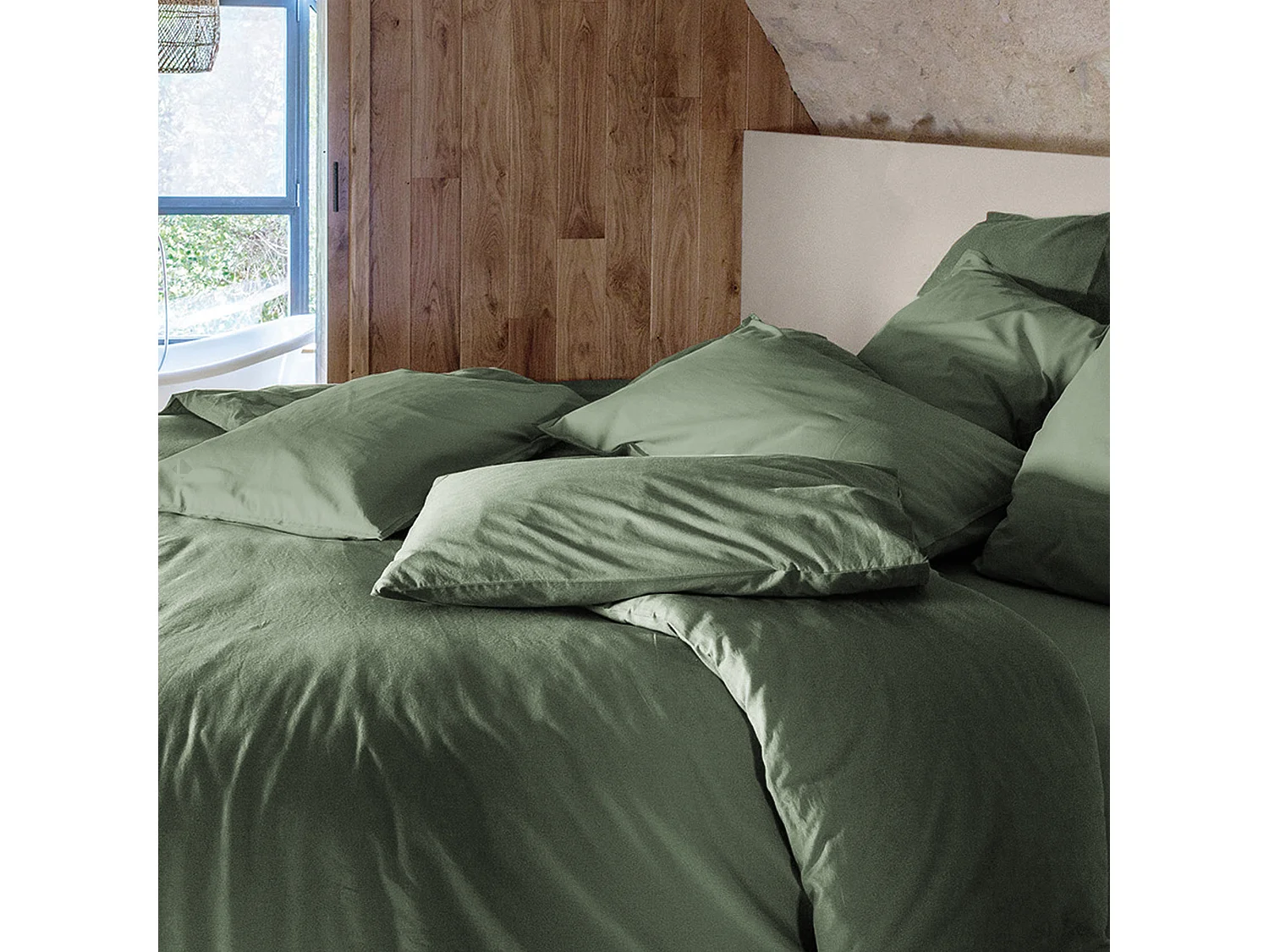 Drap housse PALACE pur coton lavé 90x190 cm bonnet 30 cm uni vert mousse