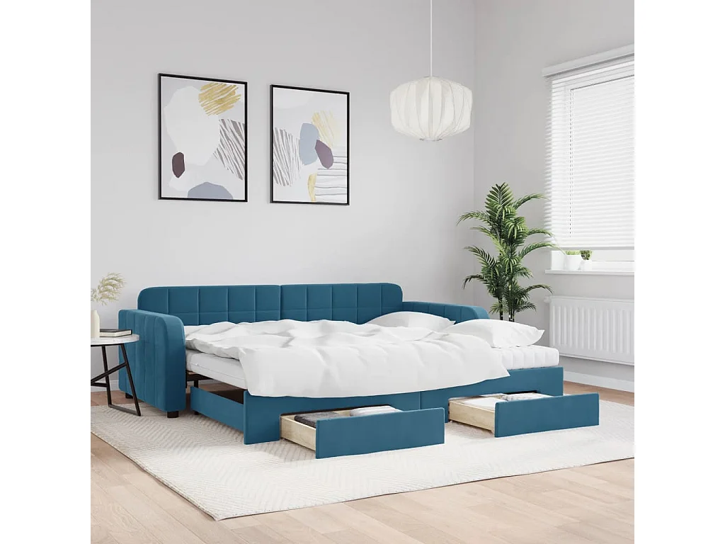 Slaapbank met onderschuifbed en lades 90x200 cm fluweel blauw