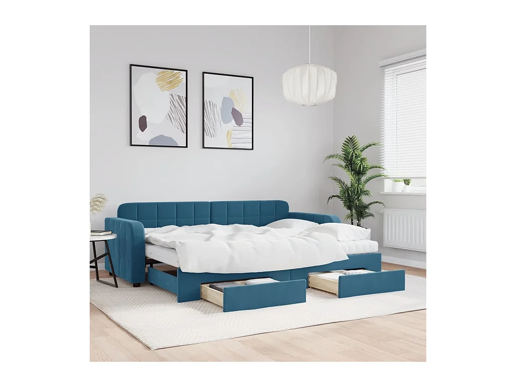 Slaapbank met onderschuifbed en lades 80x200 cm fluweel blauw