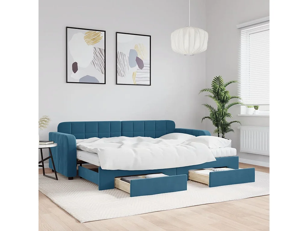 Slaapbank met onderschuifbed en lades 80x200 cm fluweel blauw