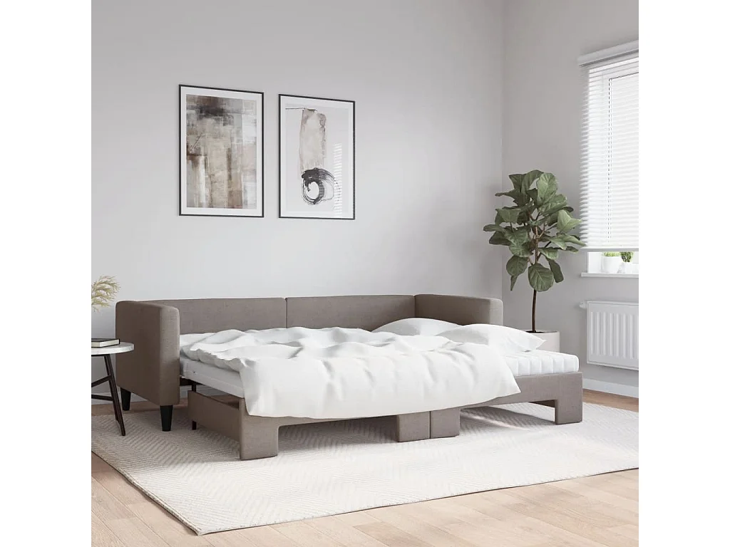 Slaapbank met onderschuifbed en matrassen 80x200 cm stof taupe