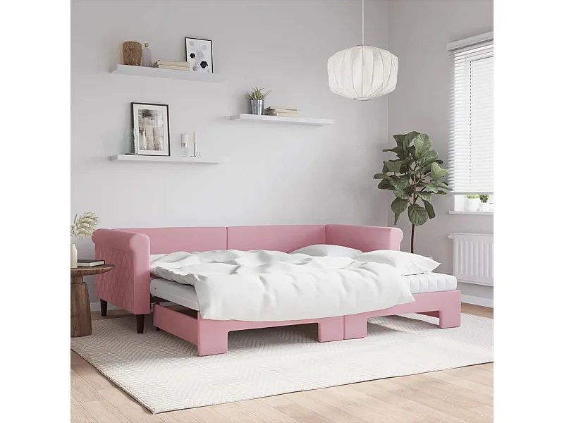 Slaapbank onderschuifbed en matrassen 90x200 cm fluweel roze