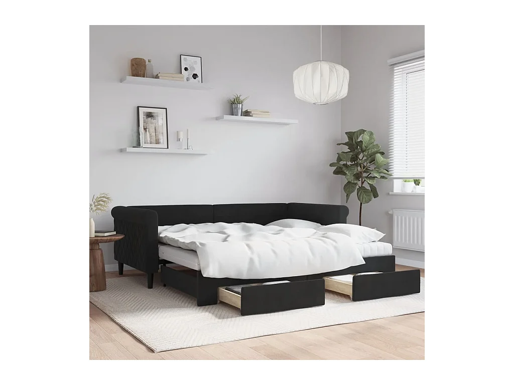 Slaapbank met onderschuifbed en lades 90x190 cm fluweel zwart
