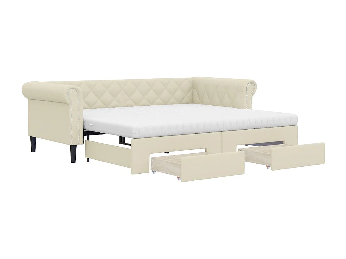 Slaapbank met onderschuifbed en lades 90x200 cm kunstleer crème