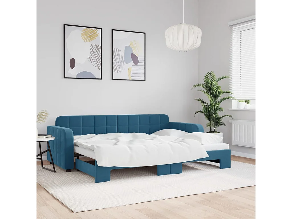 Slaapbank met onderschuifbed 80x200 cm fluweel blauw