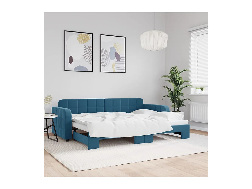 Slaapbank met onderschuifbed 80x200 cm fluweel blauw