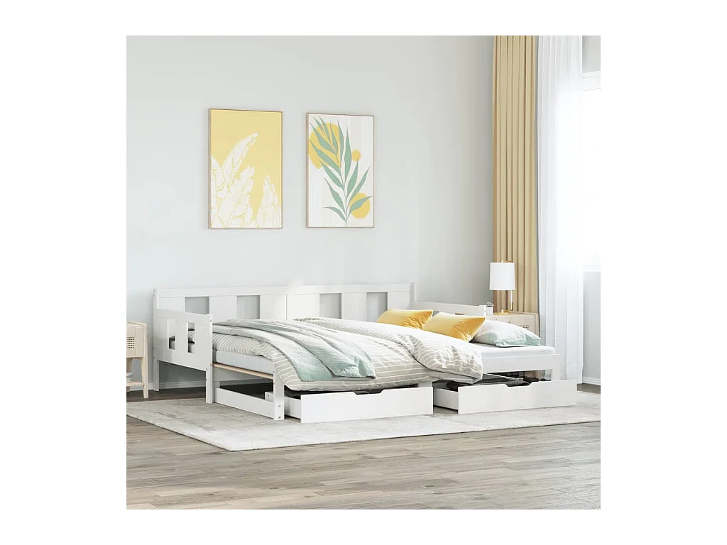Slaapbank met onderschuifbed/lades zonder matras 90x200 cm wit