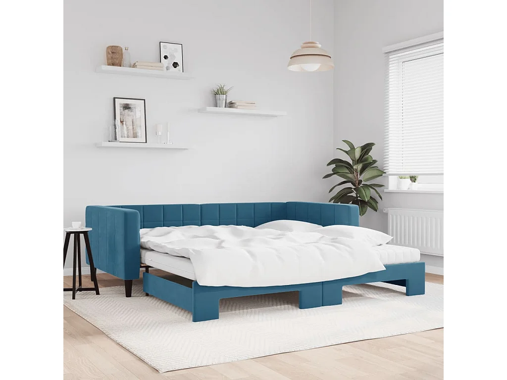 Slaapbank onderschuifbed en matrassen 100x200 cm fluweel blauw