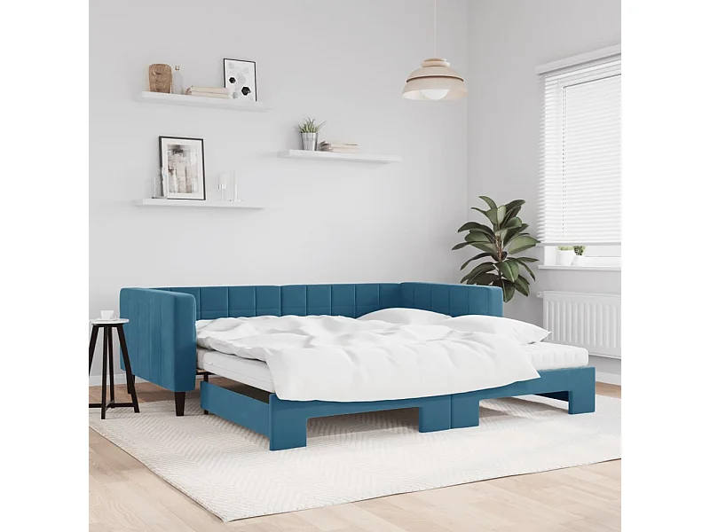 Slaapbank onderschuifbed en matrassen 100x200 cm fluweel blauw