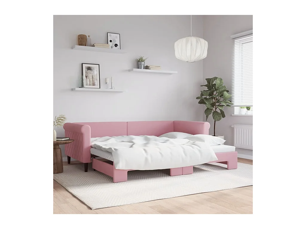 Slaapbank met onderschuifbed 90x200 cm fluweel roze