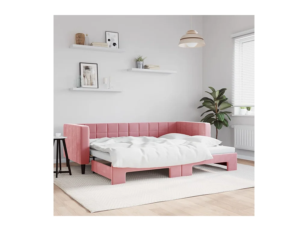 Slaapbank met onderschuifbed 80x200 cm fluweel roze
